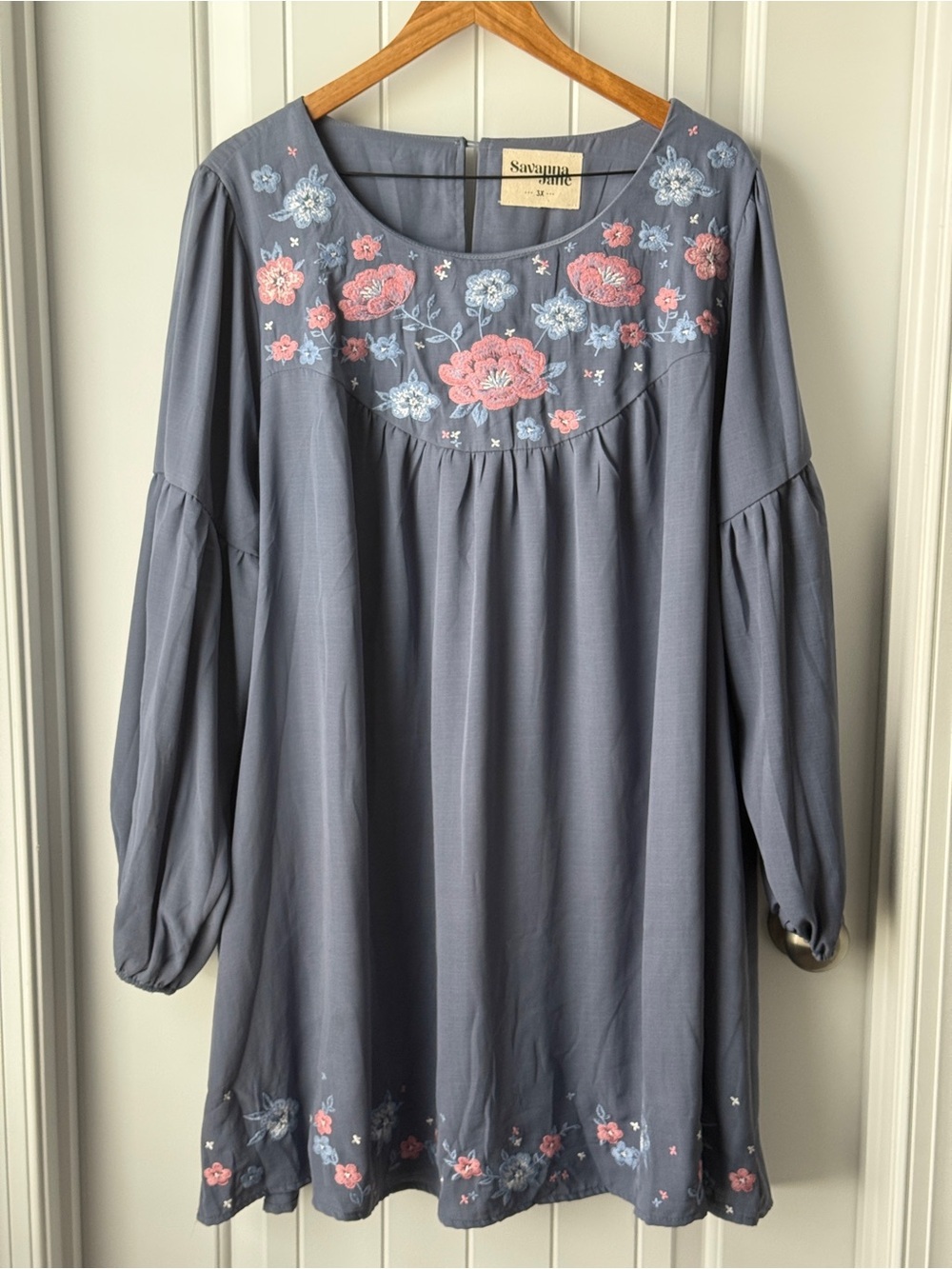 Savanna Jane Women’s Blue Floral Embroidered Detail Long Sleeve Dress Size 3X